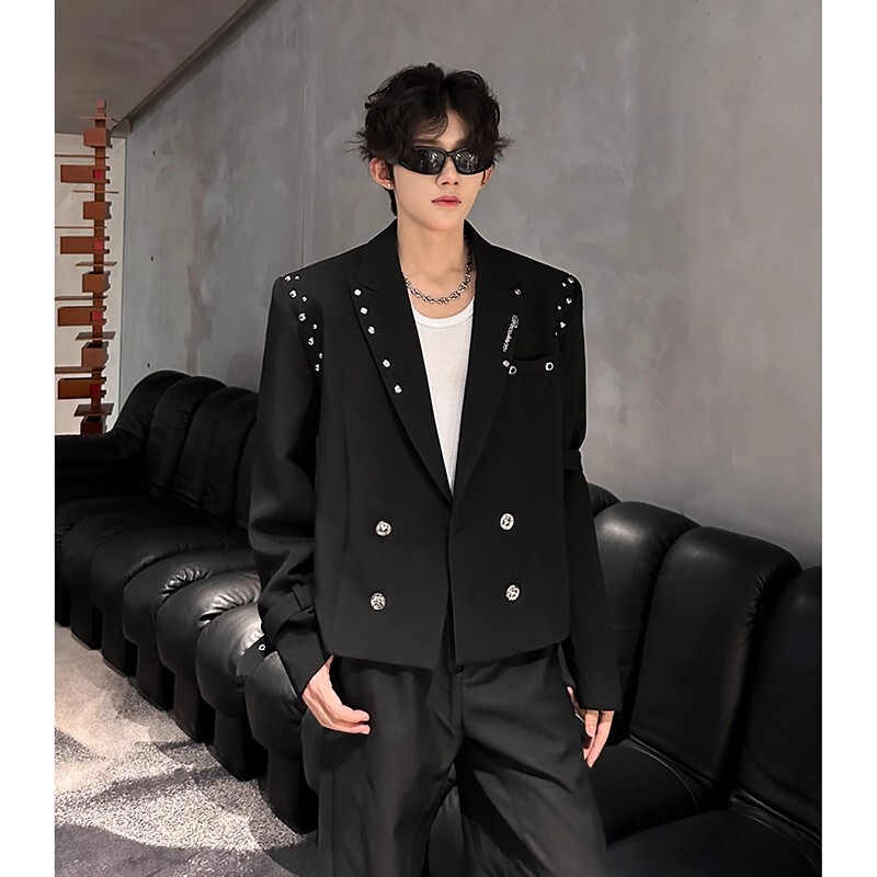 Spring and Autumn Metal Rivet Design Short Suit Men's Jacket Niche Trendy Shoulder Pad Casual Suit