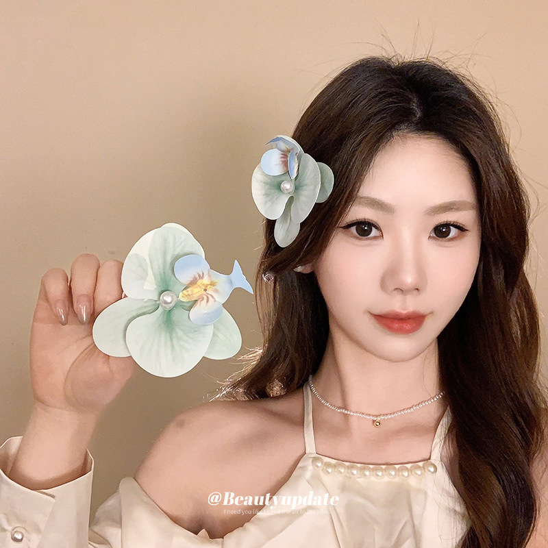 Horquilla de perlas de flores frescas, clip de flequillo lateral de moda, clip de pico de pato, accesorio para el cabello de alta gama, todo fósforo, tocado