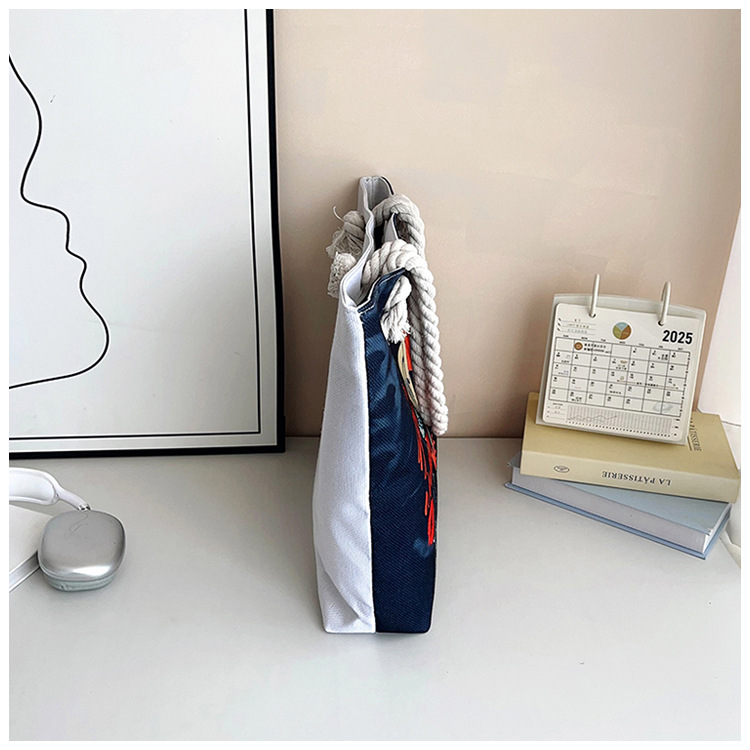 New cross-border tote bag, versatile women's portable shopping bag, creative women's printed aesthetic thick rope beach bag undefined