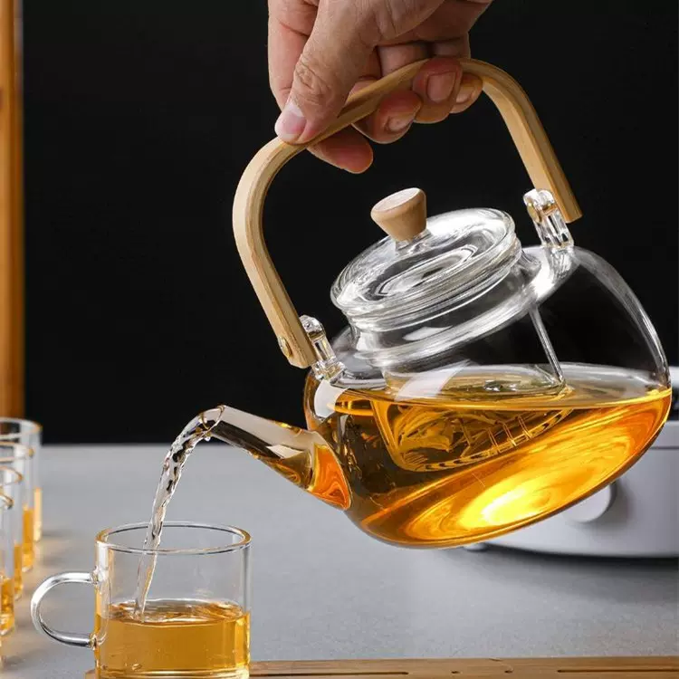 家用办公可电陶炉加热煮茶器木把高硼硅玻璃蒸煮双内胆茶壶提梁壶