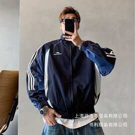 立领教练夹克男女款春秋美式宽松运动三条杠拼接棒球服冲锋衣批发