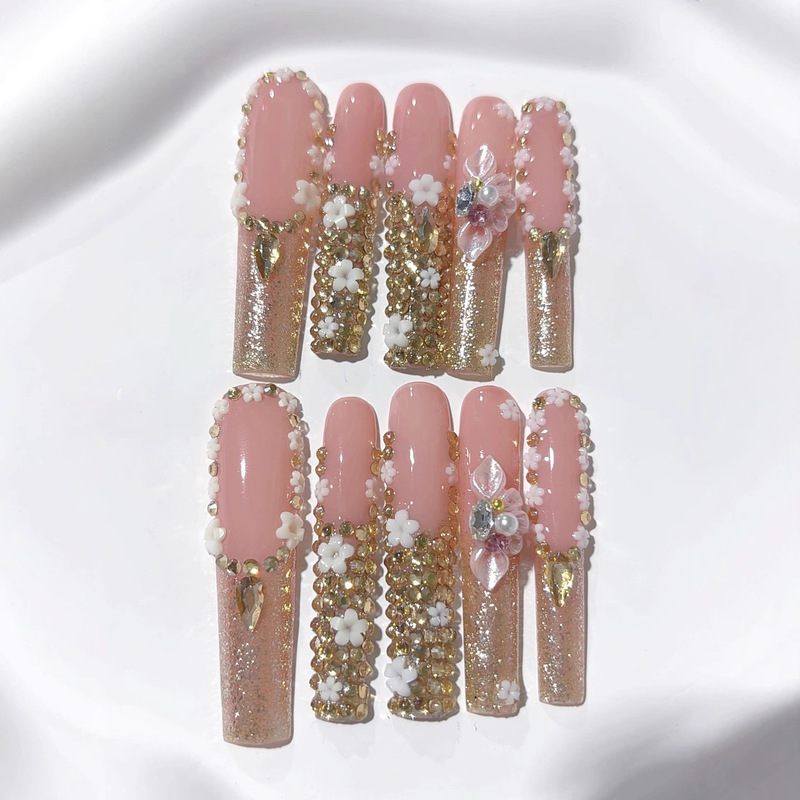Cross-Border Long Hot-Selling 5.0 Water Pipe Nails French Small Flower Diamond High-End Handmade Wearable Nails Push-Type Fake Nails