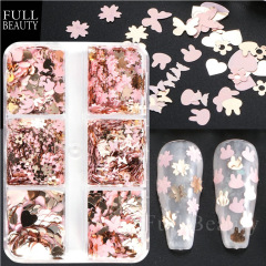 跨境新款美甲亮片 6格兔子花朵蝴蝶四色金箔楓葉指甲亮片混批nail