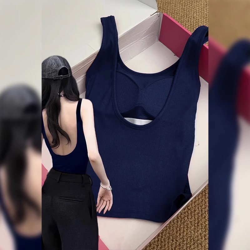 藏青色挂脖吊带带胸垫背心女夏外穿遮副乳露背小上衣美背辣妹穿搭|undefined