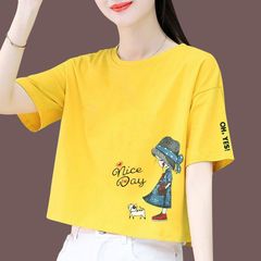 女性用純綿半袖Tシャツ、新しい夏のトレンディなスタイル、ショートハイウエスト、ルーズショートトップ、プリントTシャツ