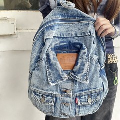 Eniel Women's Denim Double Strap Backpack, Street Fashion Casual Shirt Design Large Capacity Student Commuting Backpack