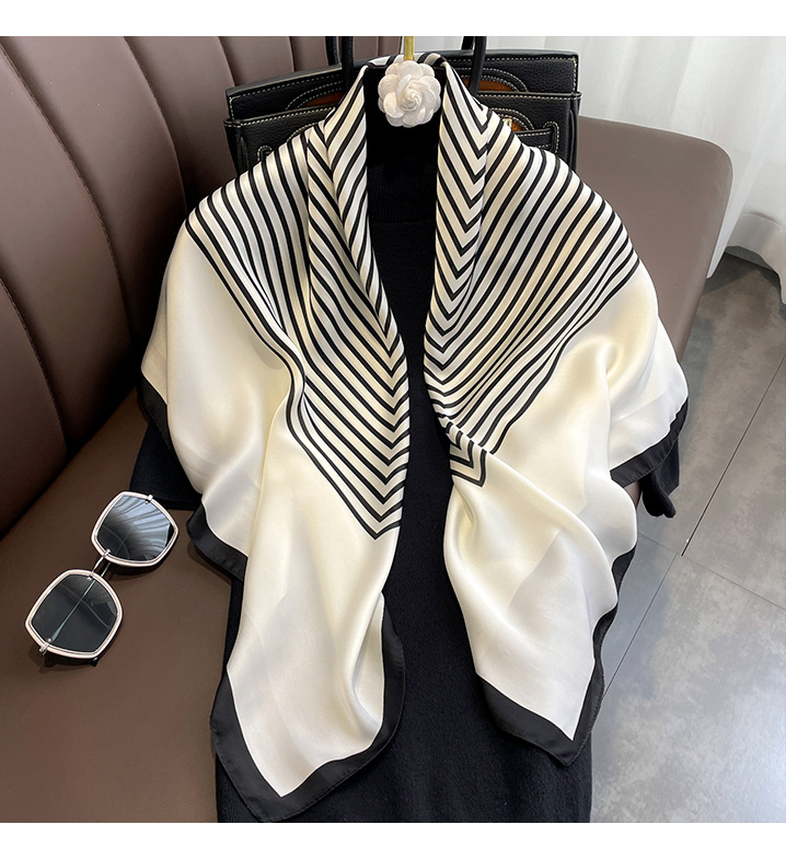 Fashion light luxury 90cm simulation silk scarf Korean simple striped large square scarfpicture4