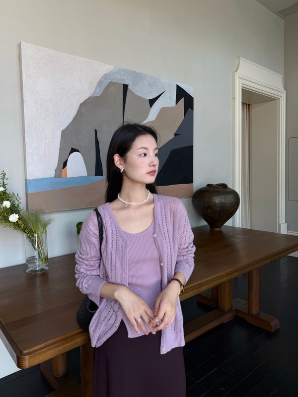 DIGM | 2025秋季极简通勤百搭镂空V领羊毛针织衫开衫外套女A3M018|undefined