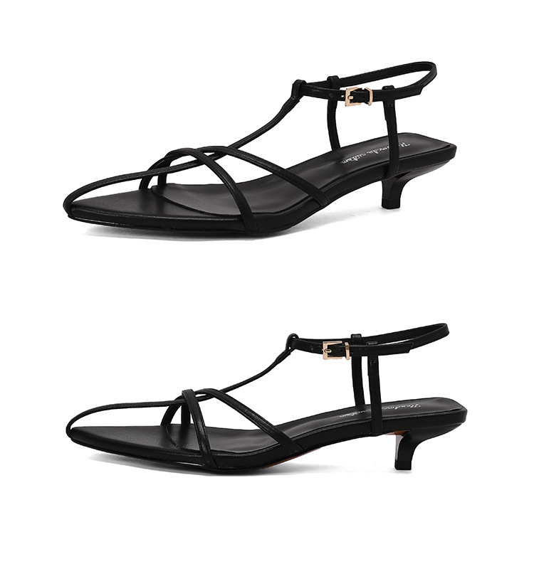 Sandal hở mũi nữ quai mảnh gót mèo con 4 cm phong cách tối giản — Màu đen chi tiết 40