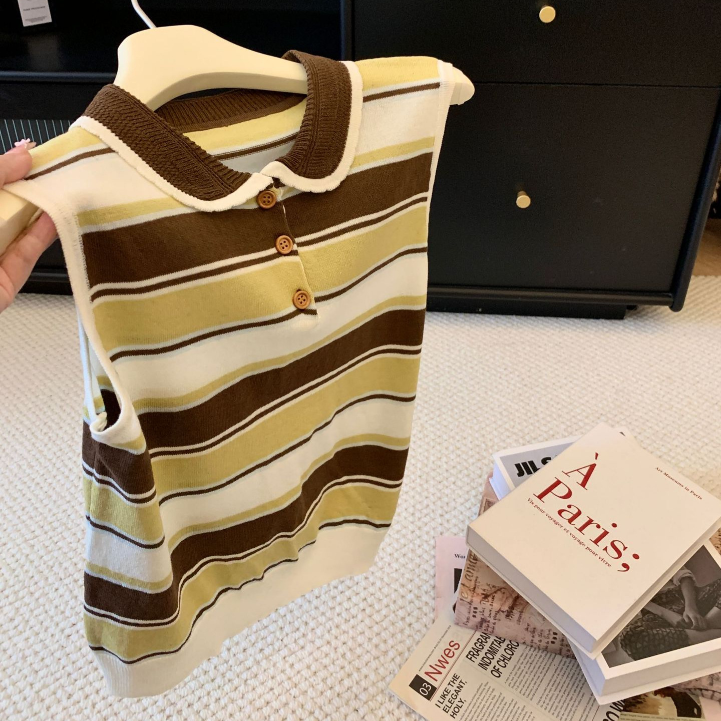 2026 New American Style Striped Color Block Collared Knit Sweater for Women, Versatile, Loose Fit, Casual, Thin Tank Top for Summer
