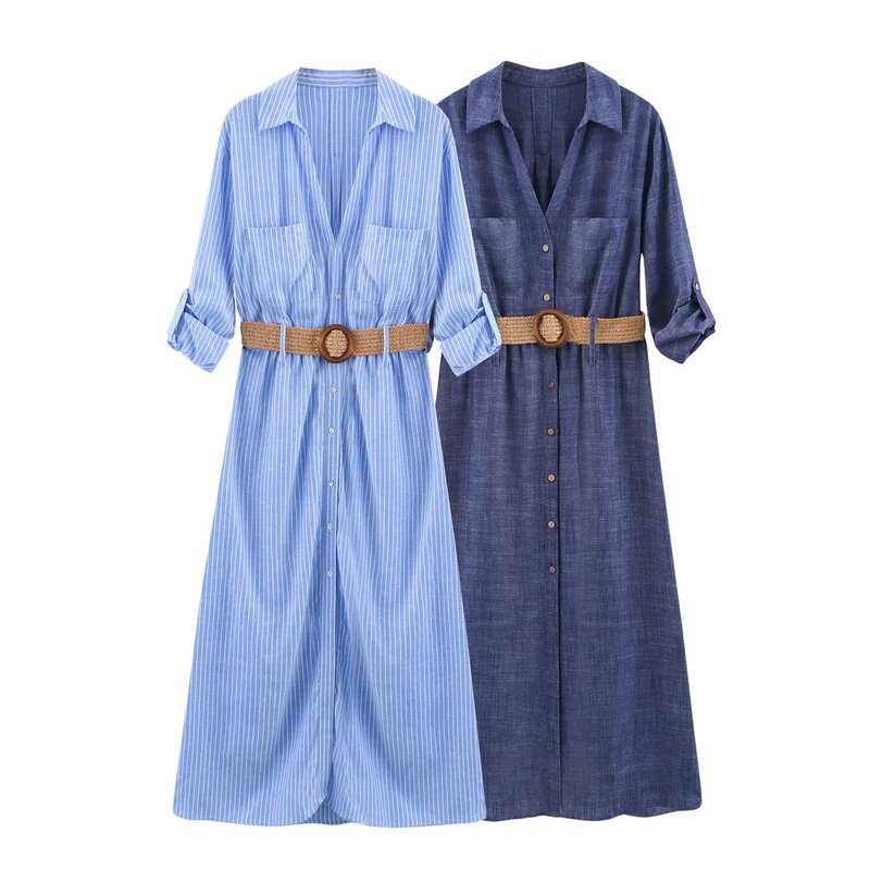PB & ZA Women's 2025 Summer New Fashion Joker with Belt Roll Sleeve Midi dress 2843798 PB & ZA Women's 2025 Summer New Fashion Joker with Belt Roll Sleeve Midi dress 2843798