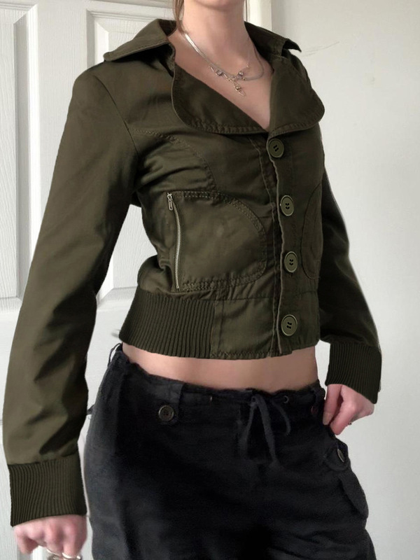 欧美机车风复古棕色工装收腰拉链显瘦夹克防风v领梭织上衣外套|undefined