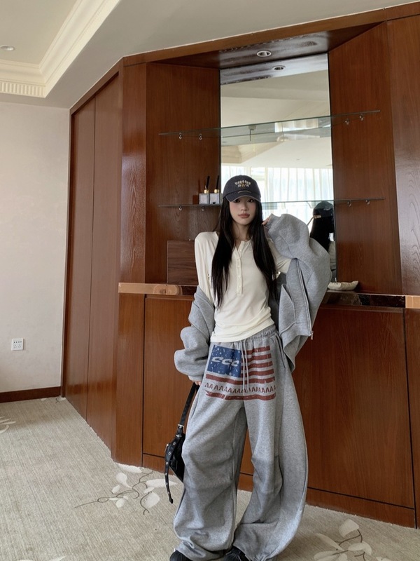 美式灰色休闲裤女秋季爵士舞裤子运动裤卫裤高腰直筒阔腿拖地长裤|undefined