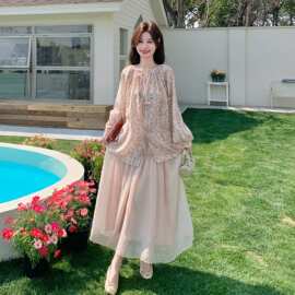 浅粉色抽绳印花上衣半身裙套装2026新款女春秋法式度假风两件套裙