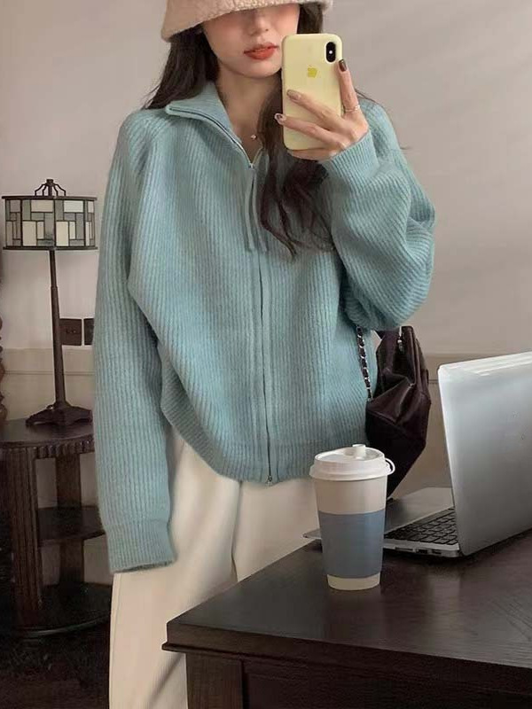 韩系翻领开衫毛衣外套女秋冬2025新款宽松慵懒风加厚针织上衣服|undefined