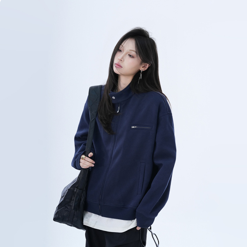 小众复古拉链开衫立领夹克女2025春秋新款设计感宽松情侣外套上衣|undefined