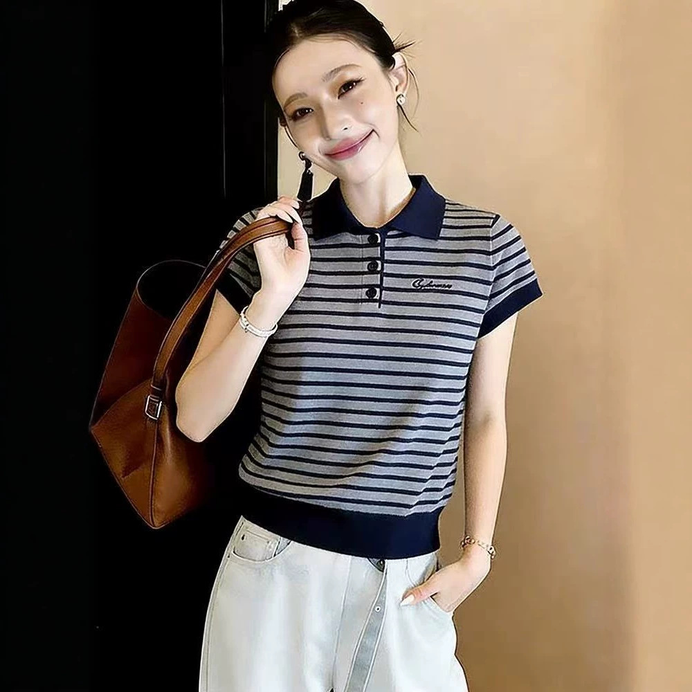 Áo thun polo nữ tay ngắn sọc kẻ phong cách Hàn Quốc — Sọc chi tiết 2