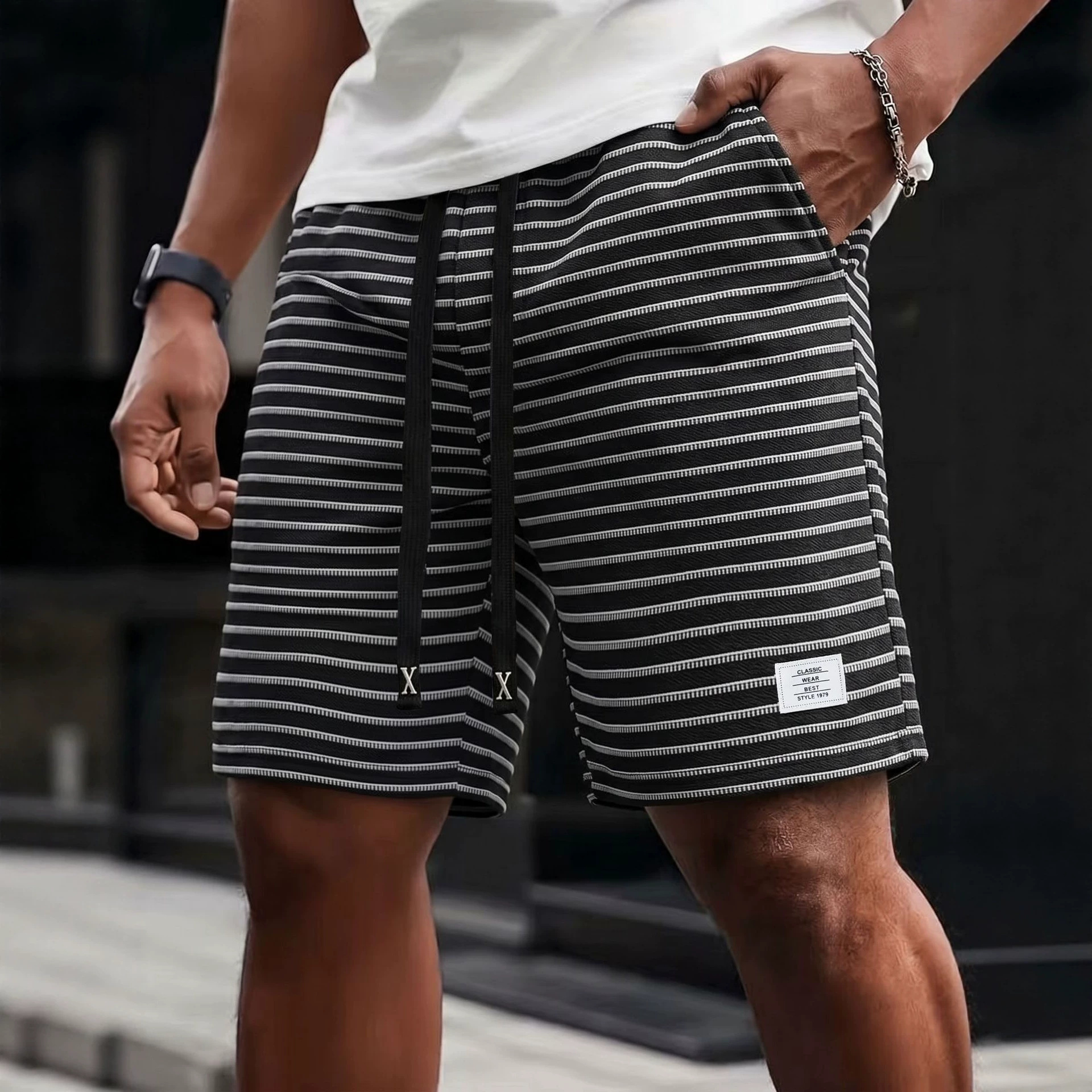 Men's Summer Sports Casual mid Length Striped Shorts American Style Trendy Loose Breathable Five Point Beach Pants_viptrois.com