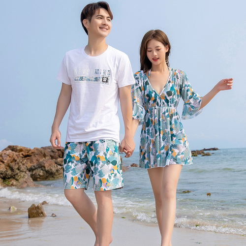 Hot spring swimsuit women's three-piece conservative slimming beach honeymoon vacation men's beach pants couple swimming suit