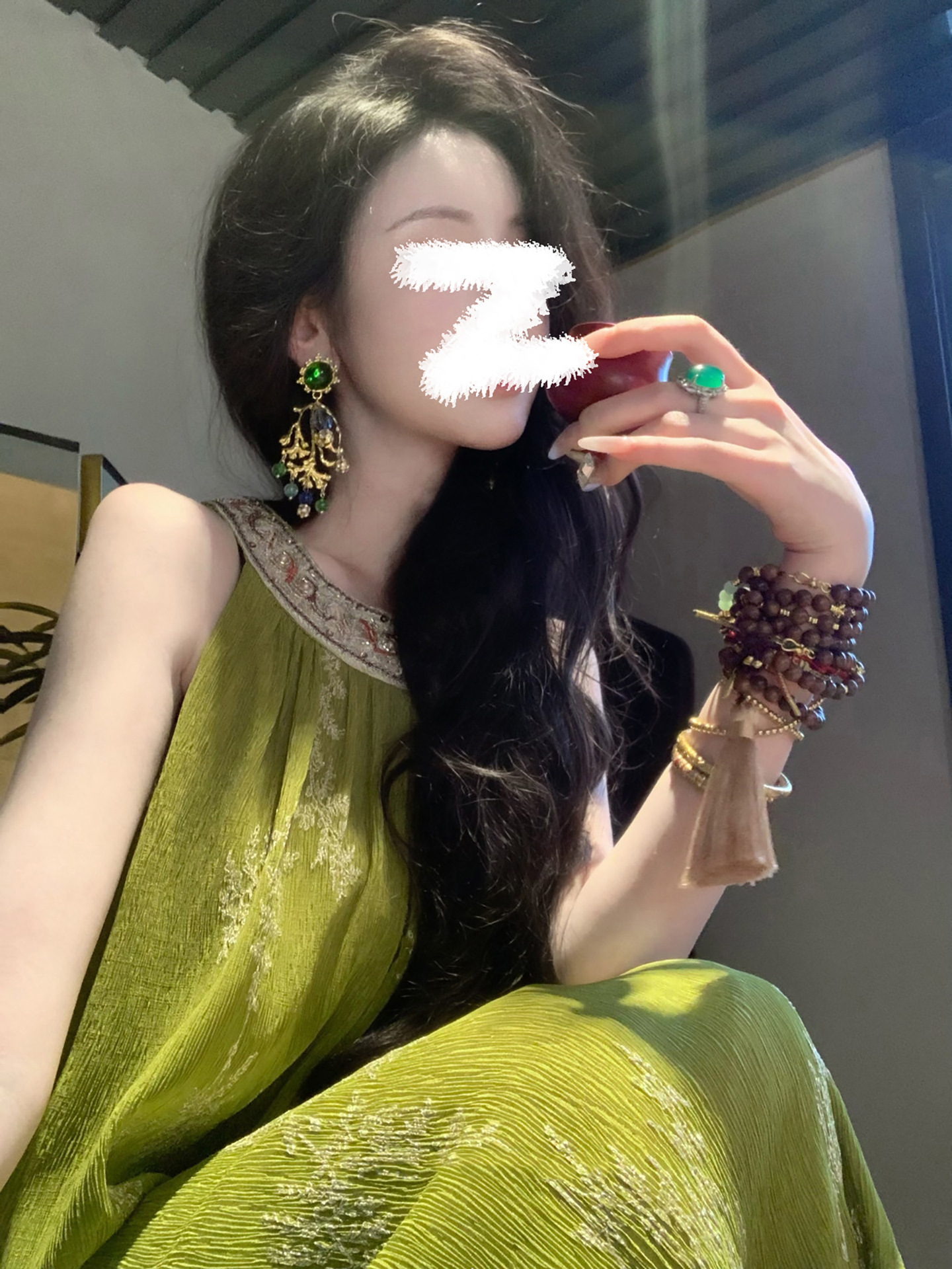 Đầm maxi nữ thắt eo cổ tròn phong cách tân cổ điển họa tiết dây rút eo — Xanh lá cây nhạtcolor