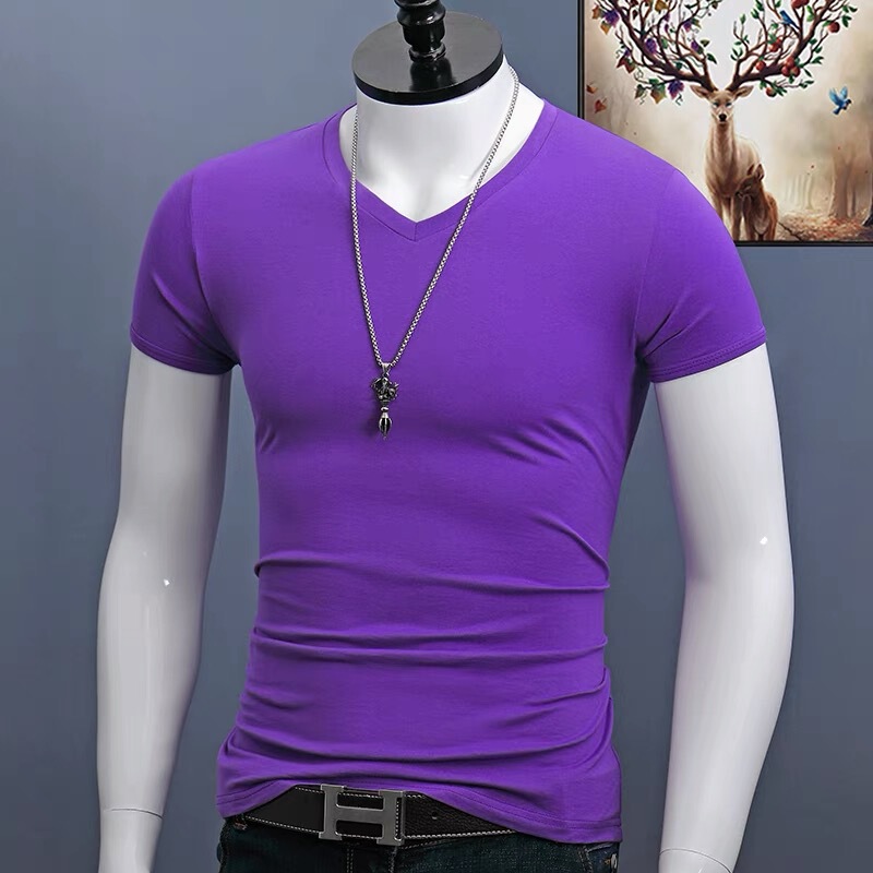 Summer Short Sleeve T-Shirt Men's V-Neck Tight Sports Solid Color Slim Fit Plus Size Thin Base Shirt Plus Size Top Summer Short Sleeve T-Shirt Men's V-Neck Tight Sports Solid Color Slim Fit Plus Size Thin Base Shirt Plus Size Top