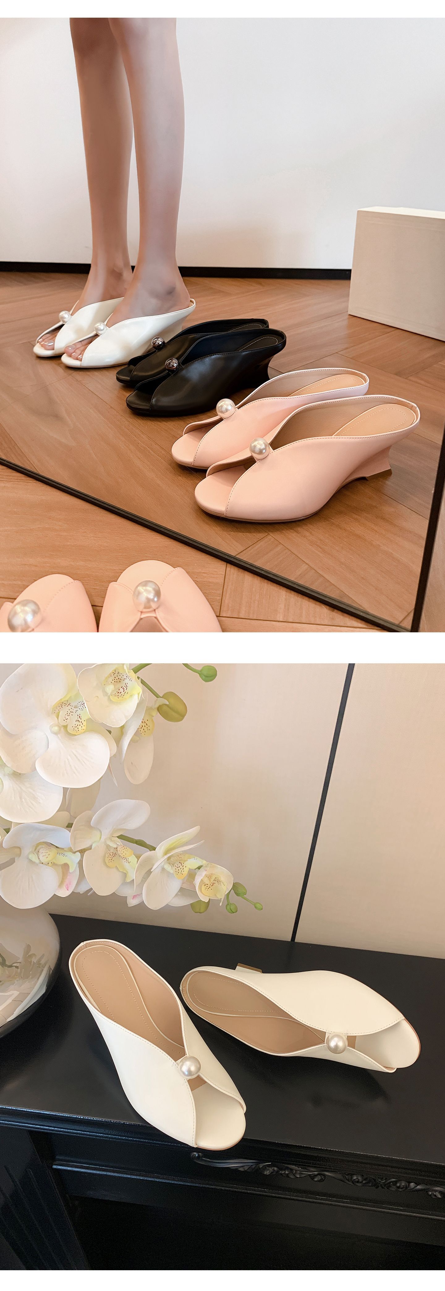 Sandal cao gót nữ hở mũi phong cách Chanel, gót xuồng 7 cm, quai ngang, đi biển hè — màu đen, màu hồng, màu trắng chi tiết 14