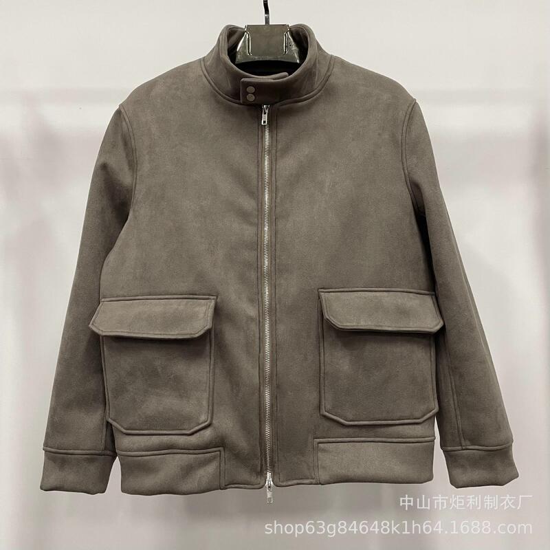 Autumn and Winter Men's Custom-Made Zipper Cardigan Jacket, Thickeneded Suede Composite Super Soft Velvet Patch Pocket Jacket, Custom-Made