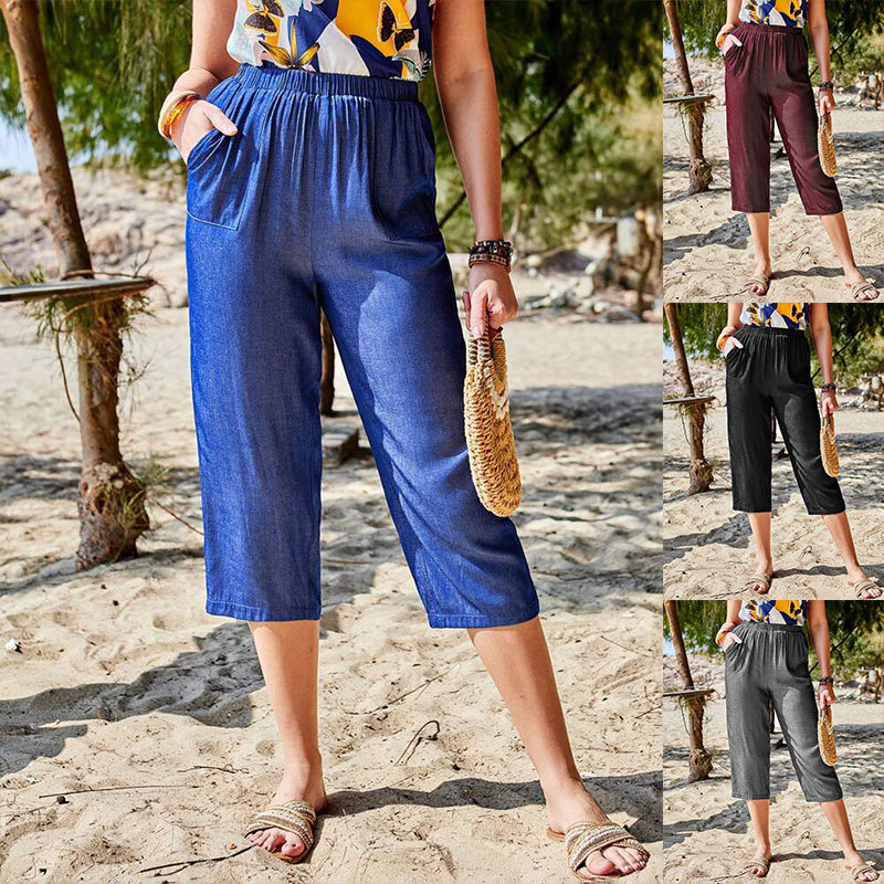 2025 Spring/Summer New Amazon Temu European and American Cross-Border Loose Fashion Casual Pocket Capri Pants for Women