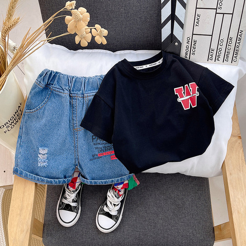 Boys summer suit  new style children's clothes baby boy letter short-sleeved two-piece set trendy summer clothes