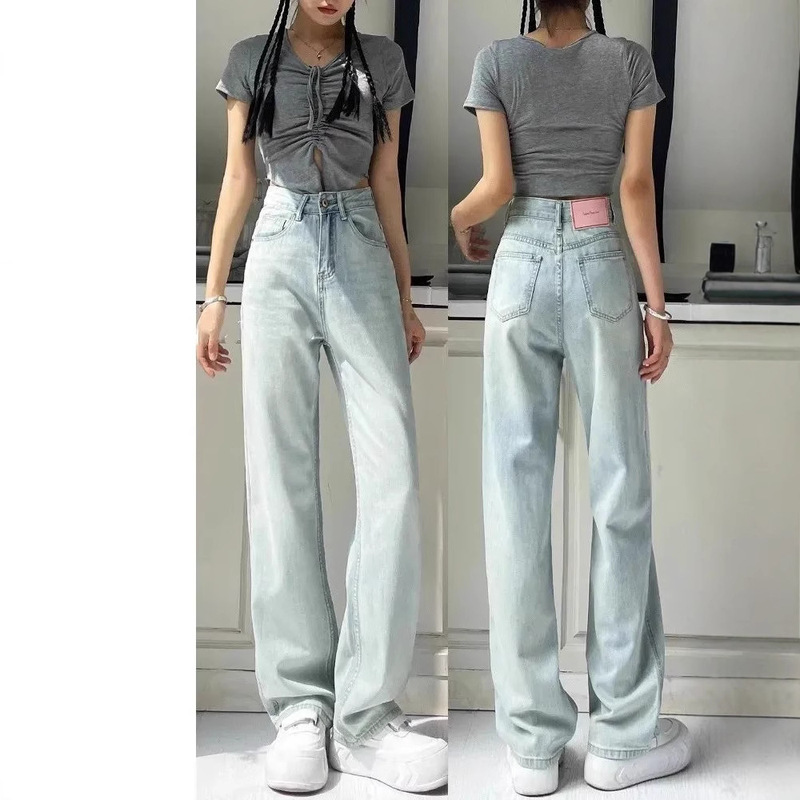 Light Blue Extended Version Straight-Leg Jeans Women's Autumn Thin Drapey High Waist Loose Slim Narrow Wide Leg Pants