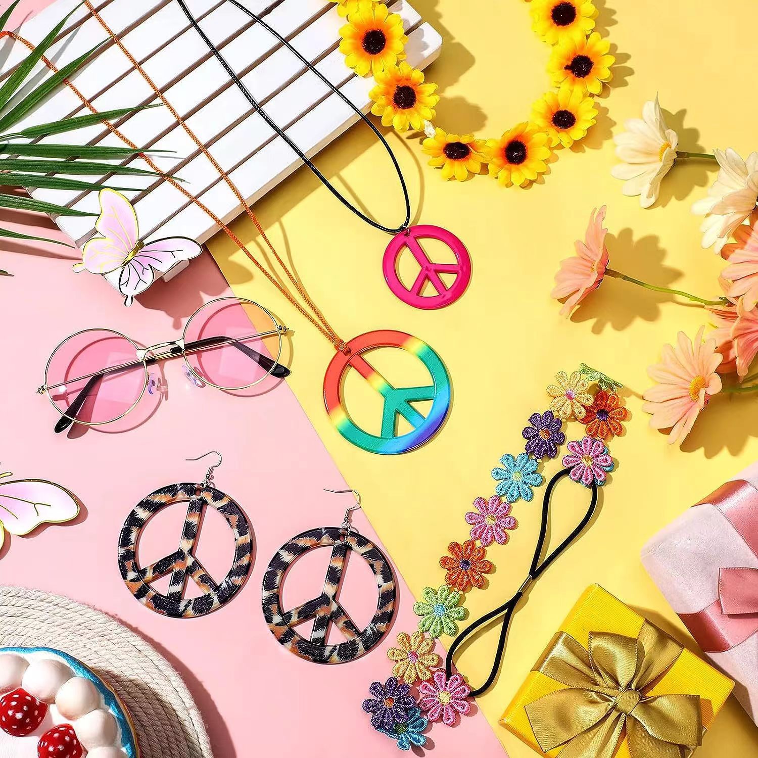 Cross Border Amazon Hot Sale Hippie Peace Necklace Earrings Little Daisy Flowers Colorful Headband Glasses Dress Up