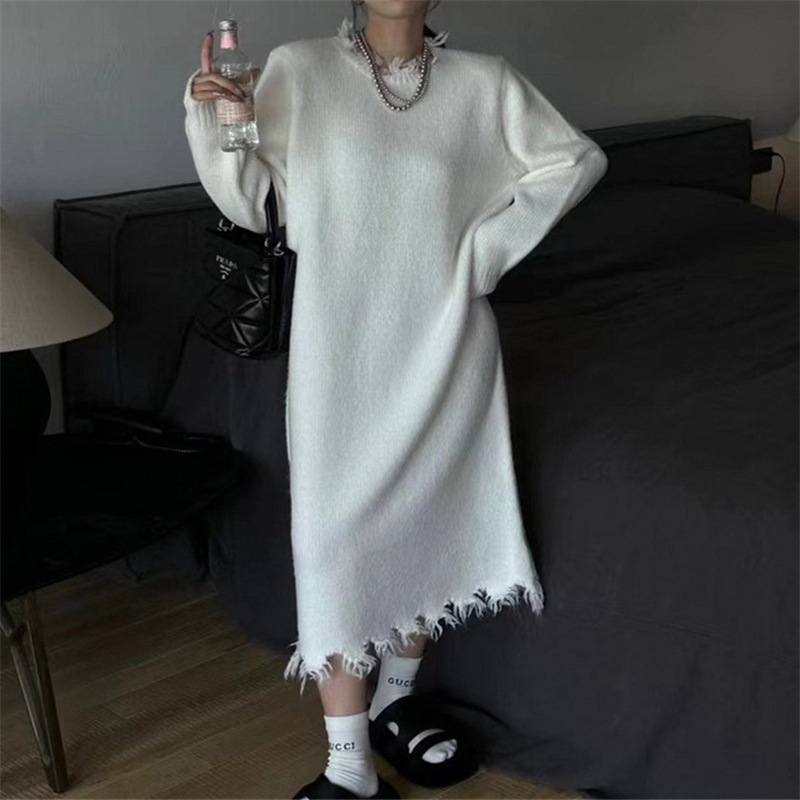 Long Ripped Fringe Knit Dress for Women, 2026 Autumn and Winter New Style, Loose Korean Style Long-Sleeve Base Dress