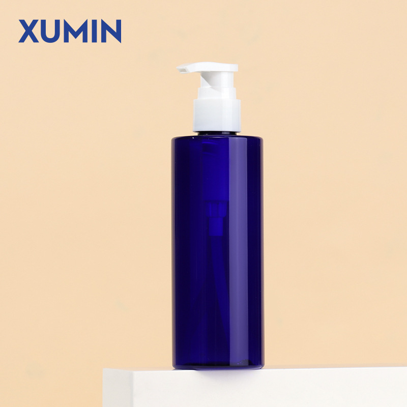 Botella de cabeza de bomba de presión cosmética Xumin 100-200ml botella de loción corporal a través del hombro azul 250ml botella de esencia