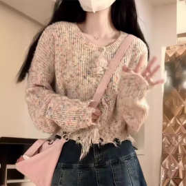 甜美学院风奶呼呼毛衣2023新款设计感小香风混彩点流苏针织衫开衫