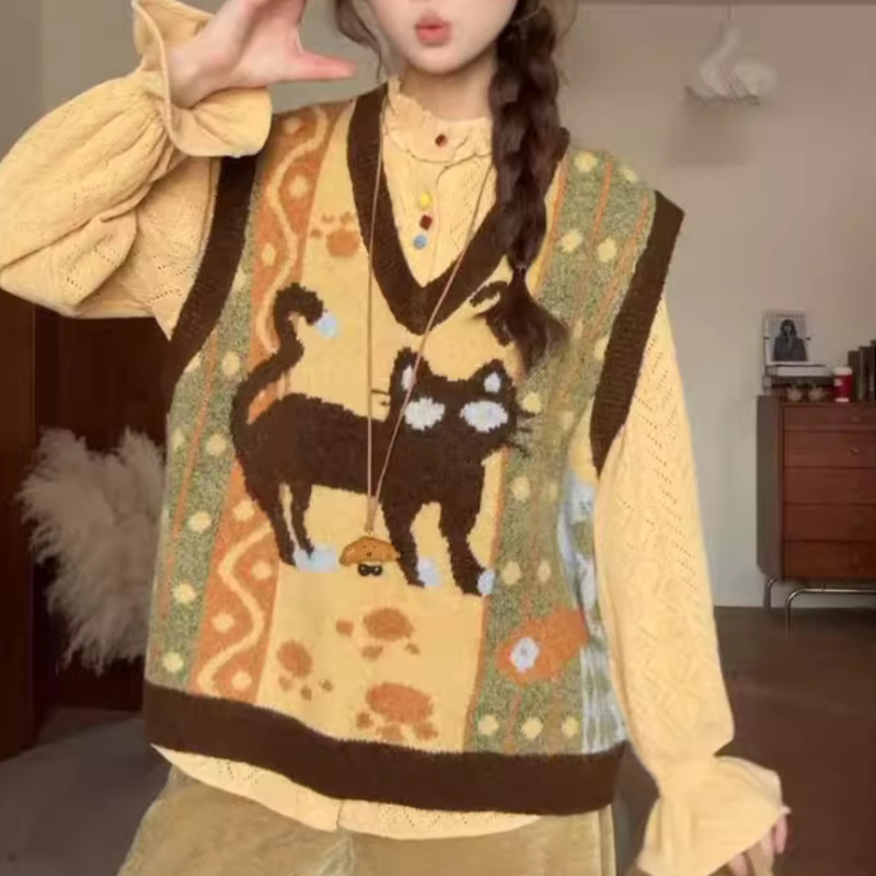 Cat Jacquard V-Neck Knitted Vest for Women, Japanese Style Autumn and Winter College Style Jacquard Layered Vest with a Unique Design