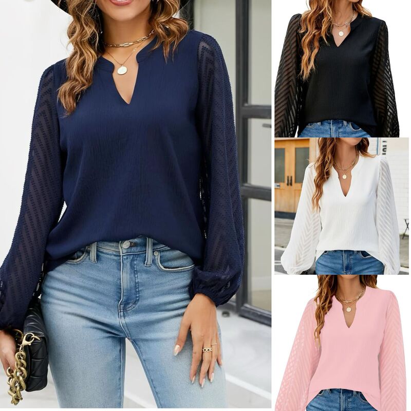 European and American Cross-Border Women's Clothing 2026 Amazon Independent Site New Solid Color V-Neck Lace Splicing Chiffon Shirt