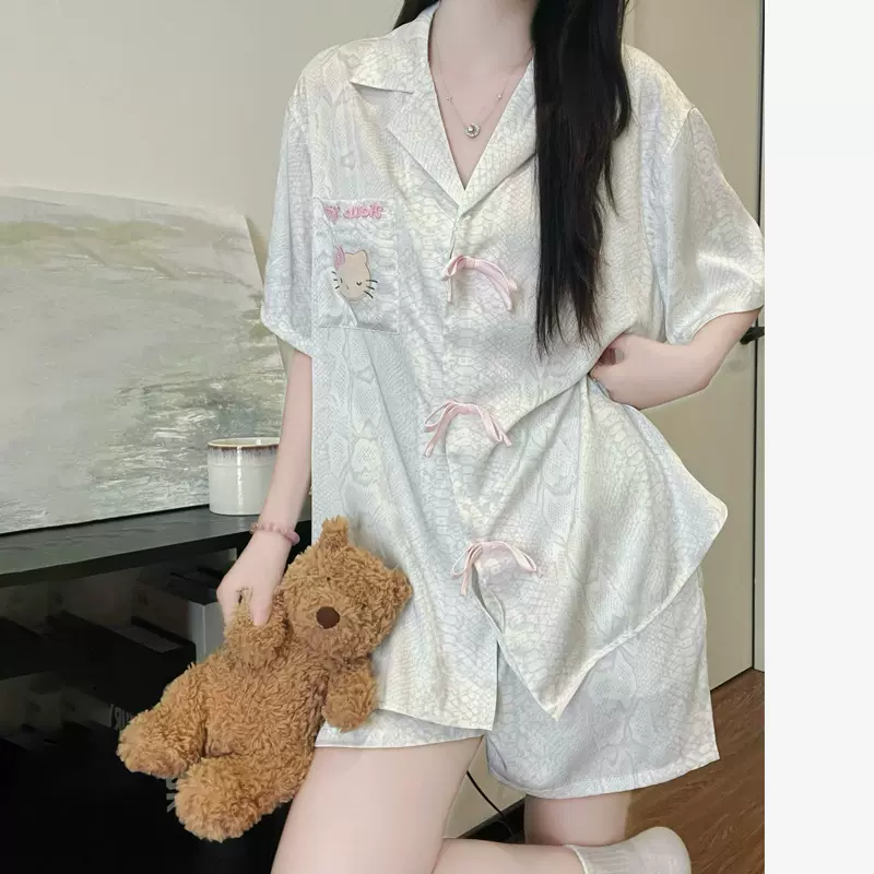 仿真丝kitty蟒纹星光缎睡衣女夏季短袖短裤小清晰可外穿家居服套
