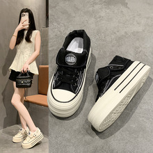 2025夏季透气小白鞋女式圆头帆布鞋中跟休闲单鞋超纤内里夏季款