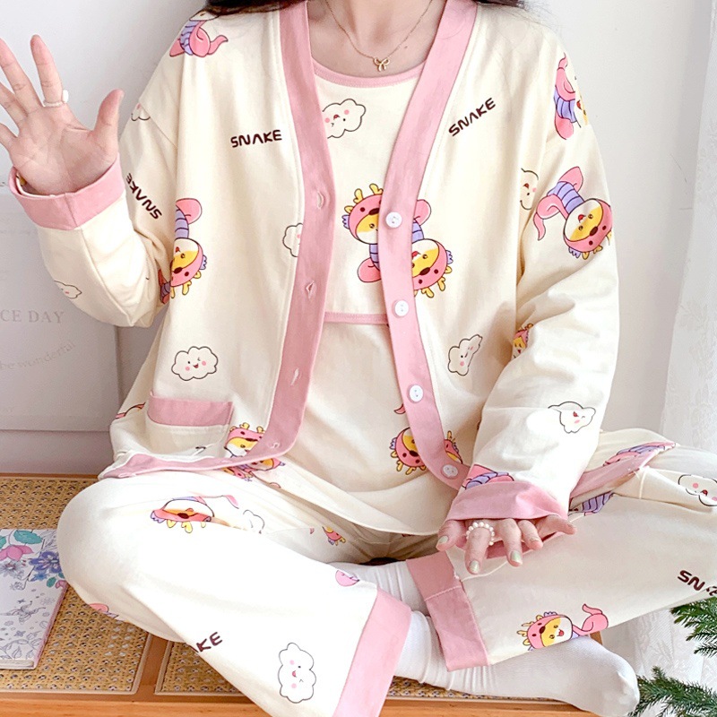 음력 의류 봄과 가을 얇은 3 피스 산후 모유 수유 의류 외출 임신 면 임산부 잠옷 가을과 겨울 모유 수유