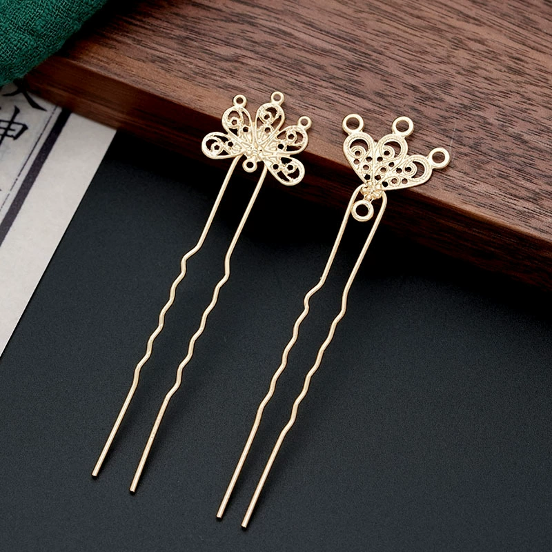 Аксессуары для волос в древнем стиле, литая медная заколка для волос с бабочкой и цветком, U-образная волнистая заколка для волос, дворцовые аксессуары для волос династии Хань, аксессуары для головного убора