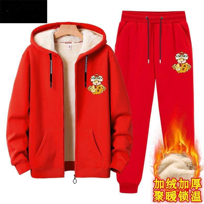 拜年服蛇年2025新款红色衣服学生青少年冬季羊羔绒过年喜庆套装12
