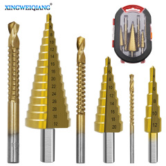 6pcs pagoda drill woodworking groove saw drill set triangular handle drill bit high speed steel 4241 titanium plated step drill set