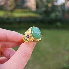 椭圆男戒黄铜镀金戒指镶绿宝石珐琅彩沙金男款地摊货源玛瑙批发