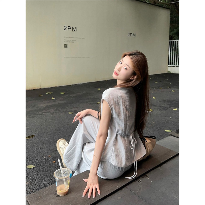 フレンチスタイルのレースアップウエストスリム半袖シャツハイウエストワイドレッグフロアレングスカジュアルパンツレディースサマーファッションスーツ|undefined