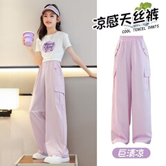 大きい子供の女の子の夏のファッションの2つのセットの女の子の夏服の子供のプリントの上着の氷の糸のゆったりしている仕事のズボンのスーツ