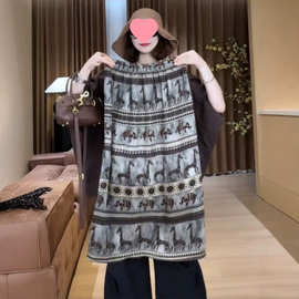 老钱风半身裙女夏季新款大码胖高腰显瘦复古印花开叉字裙