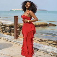 欧美跨境女装2025夏季新款时尚清新吊带V领荷叶边包臀长裙连衣裙