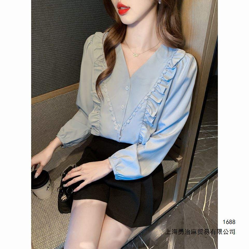 2026 Autumn French V-neck Ruffled Blouse Long Sleeve Chiffon Blouse Top in Blue