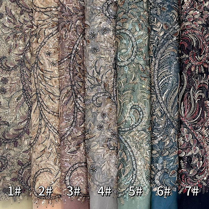Inventario de cuentas bordadas de tubo de cuentas, cuentas de sequilla, tela de bordado de malla, vestido de boda, vestido de moda, tela de bordado de encaje