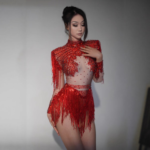 Shining Red Tassel High-Cut Latin Dance Costume Female Singer Commercial Performance Stage Outfit Sexy Bar Disco Short Dress